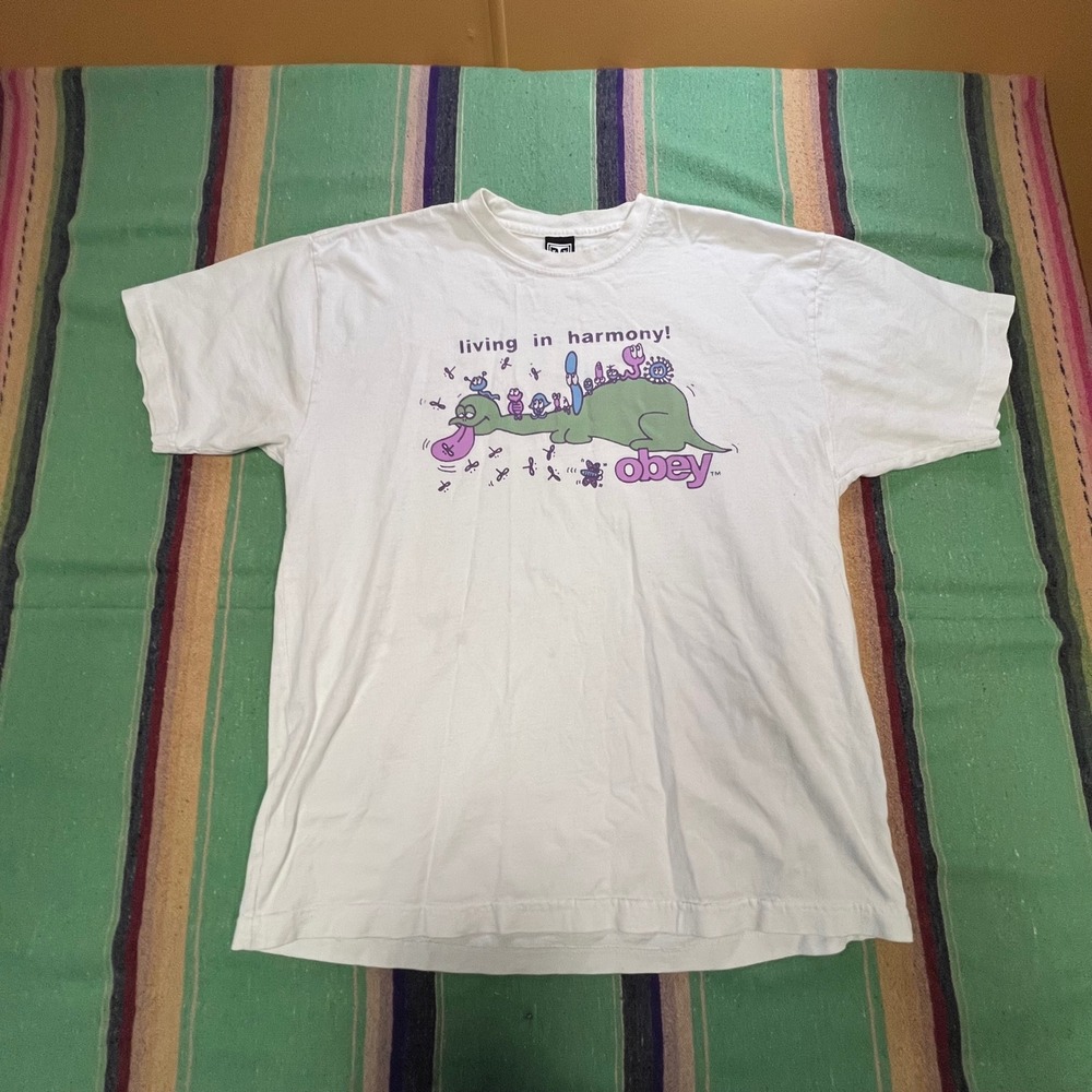 Obey Graphic Tee Mens Large White Living in Harmony Dinosaur Streetwear Shirt